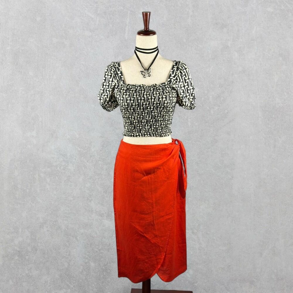 NWT Boden 100% Linen Red Orange Faux Wrap Midi Skirt
